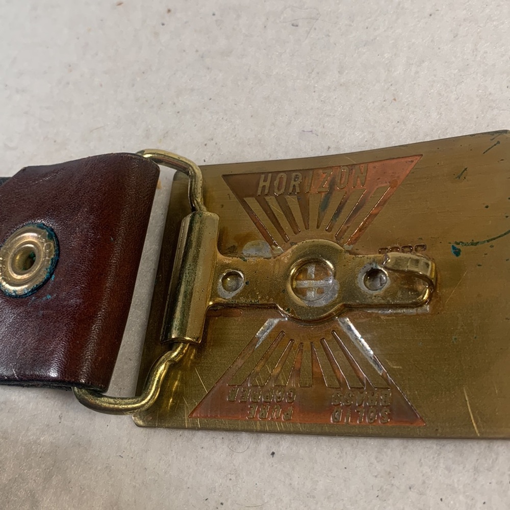 Vintage 70’s Horizon Brown Leather Belt With Brass and Copper Raised Weed Symbol - Picture 2 of 5